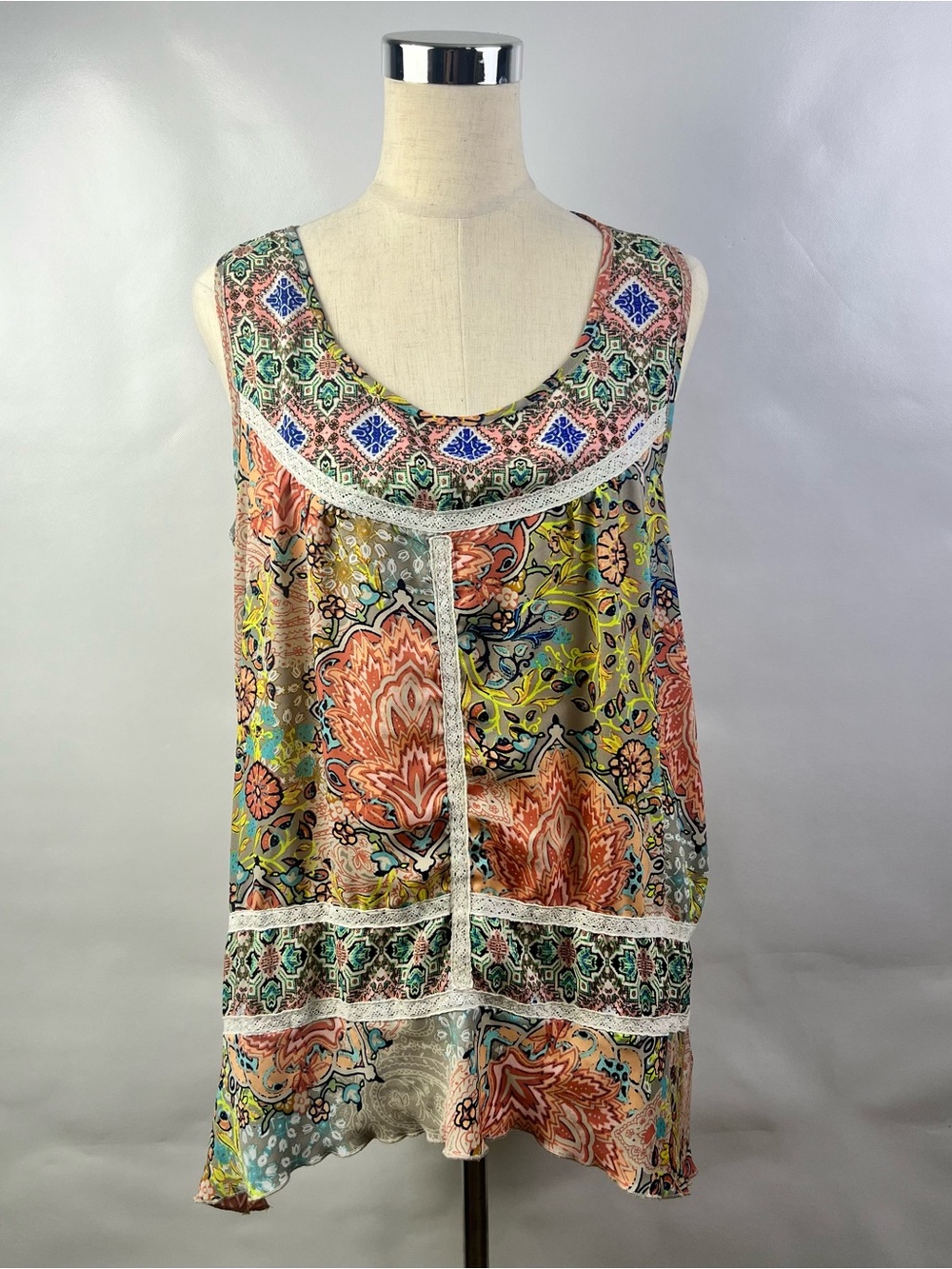 Spense Women Floral Boho Sleeveless Scoop Neck 1/4 Blouse Top Size XL